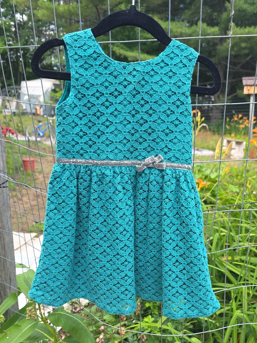 Carter's Teal Lace Party Dress with Silver Bow Belt